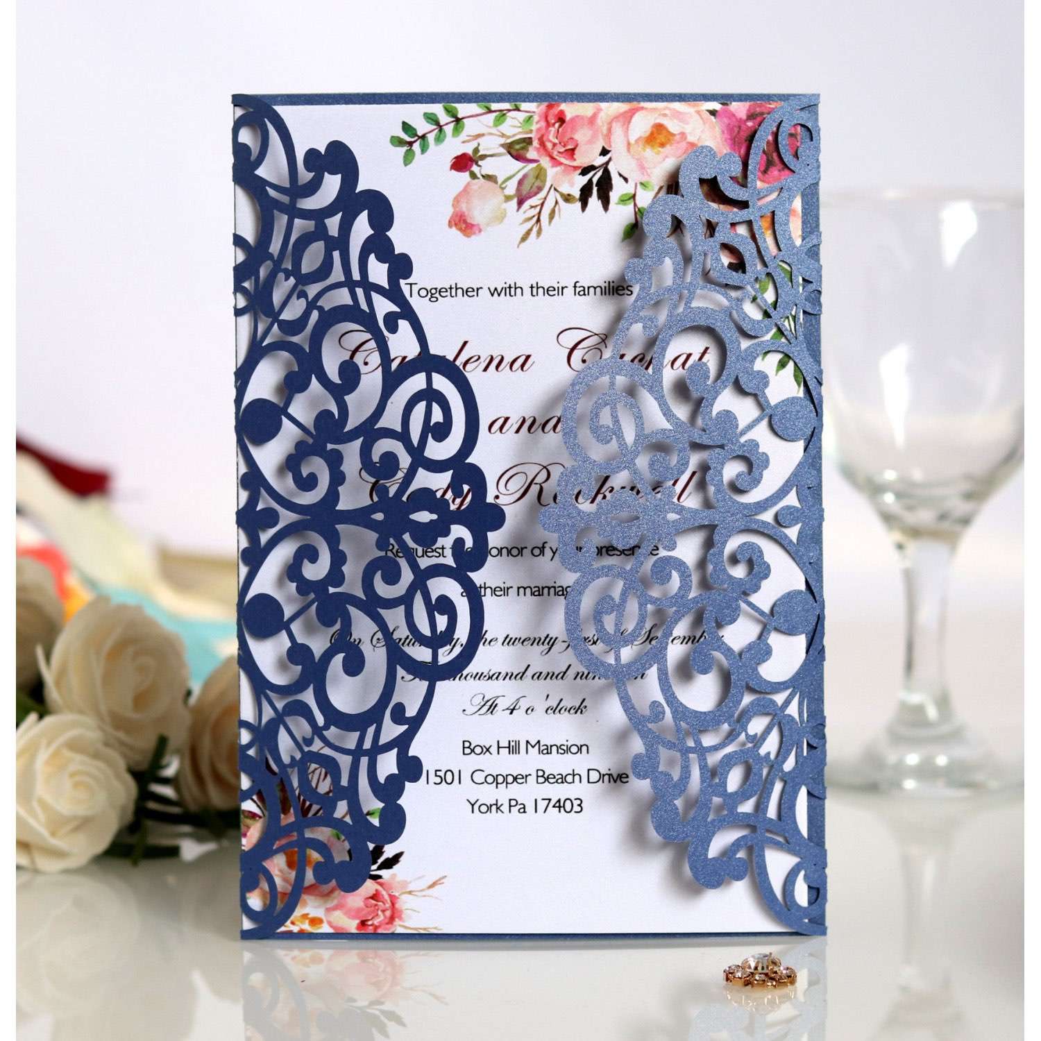 Wine Red Wedding Invitation Card With Ribbon Holiday Greeting Card Laser Cut
